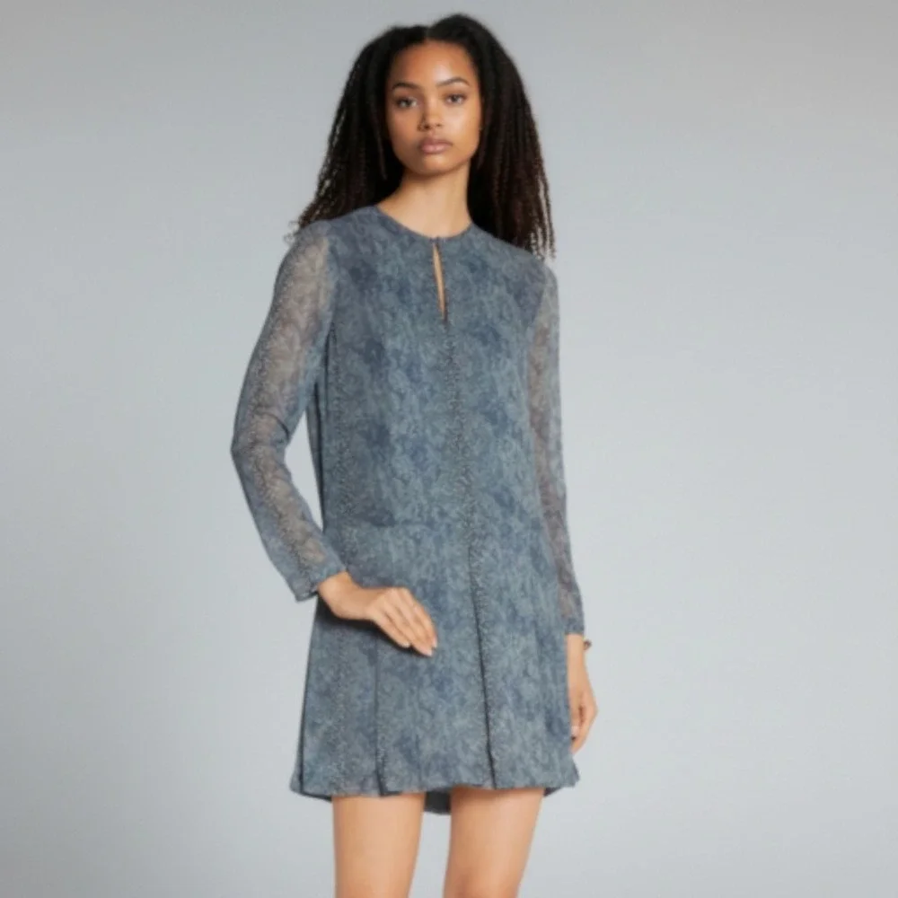 Tory Burch 10 Blue Silk Snakeskin Print Long Sleeve Shift‎ Dress Minimalist Work